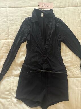 Oh Polly Araceli Black Long-Sleeve Button Romper with Belt